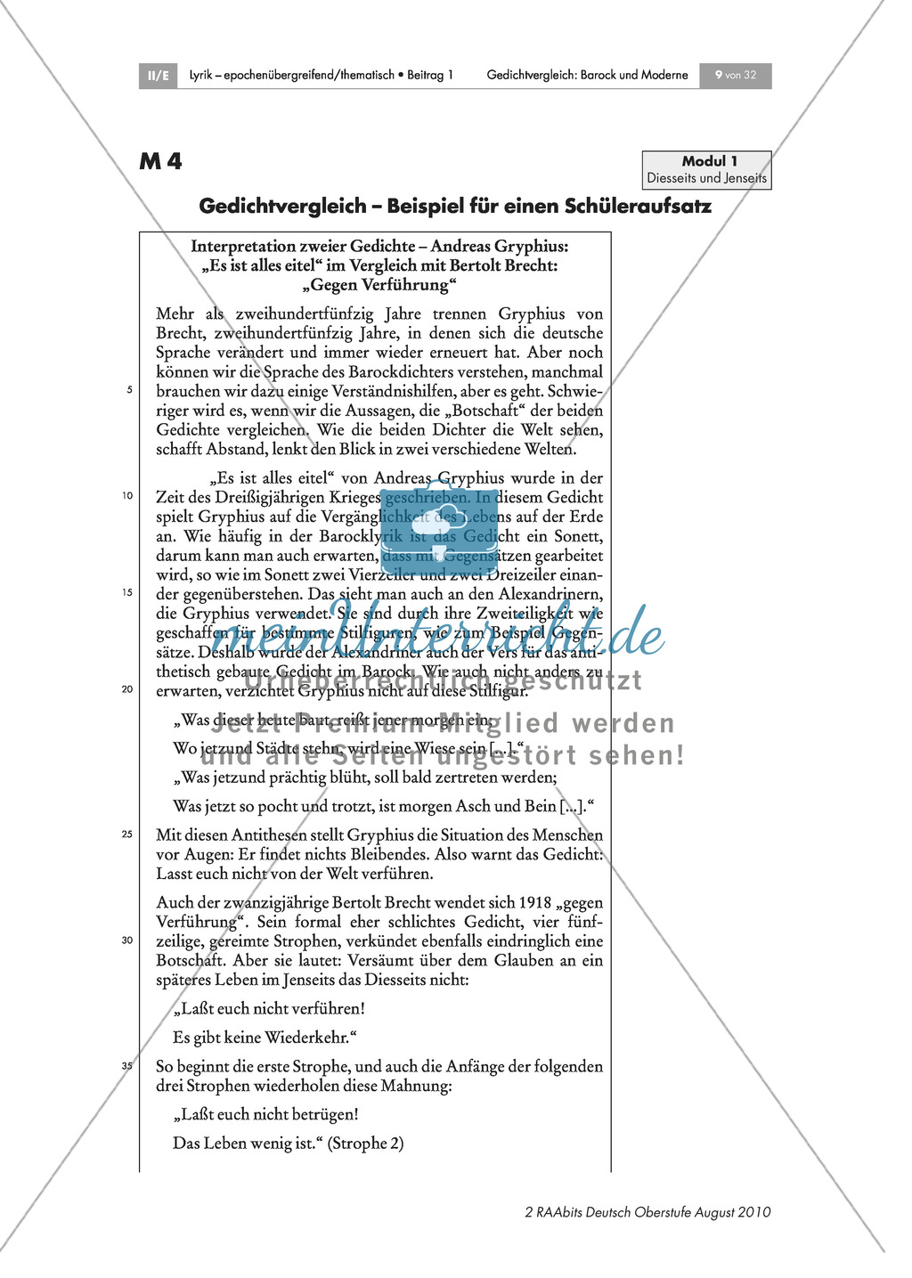 Gedichtvergleich barocker Gedichte mit moderner Lyrik: Gegen Verführung: Diesseits und Jenseits: Bilder zu Dreißigjährigem Krieg + Andreas Gryphius: "Es ist alles eitel" + Bertolt Brecht: "Gegen Verführung" + Gedichtvergleich + Gliederung des Aufsatzes: Z Preview 4