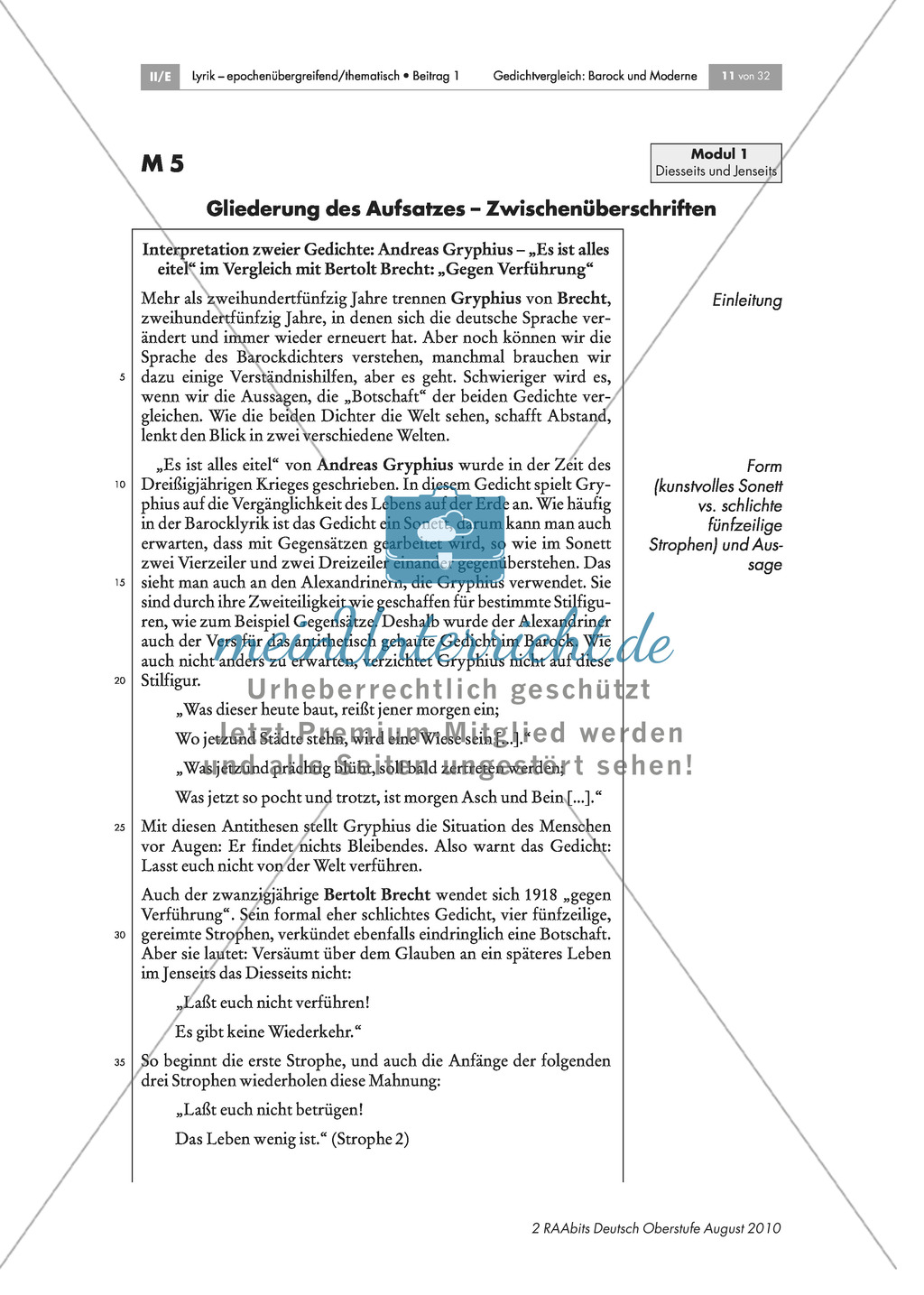 Gedichtvergleich barocker Gedichte mit moderner Lyrik: Gegen Verführung: Diesseits und Jenseits: Bilder zu Dreißigjährigem Krieg + Andreas Gryphius: "Es ist alles eitel" + Bertolt Brecht: "Gegen Verführung" + Gedichtvergleich + Gliederung des Aufsatzes: Z Preview 6