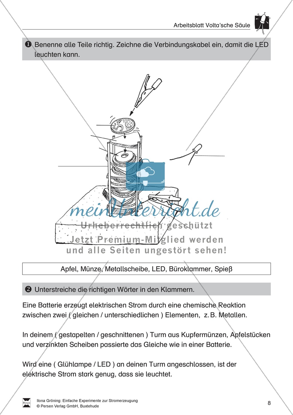 Schülerversuch, Aufgaben und Erläuterungen zur Volta'schen Säule Preview 4
