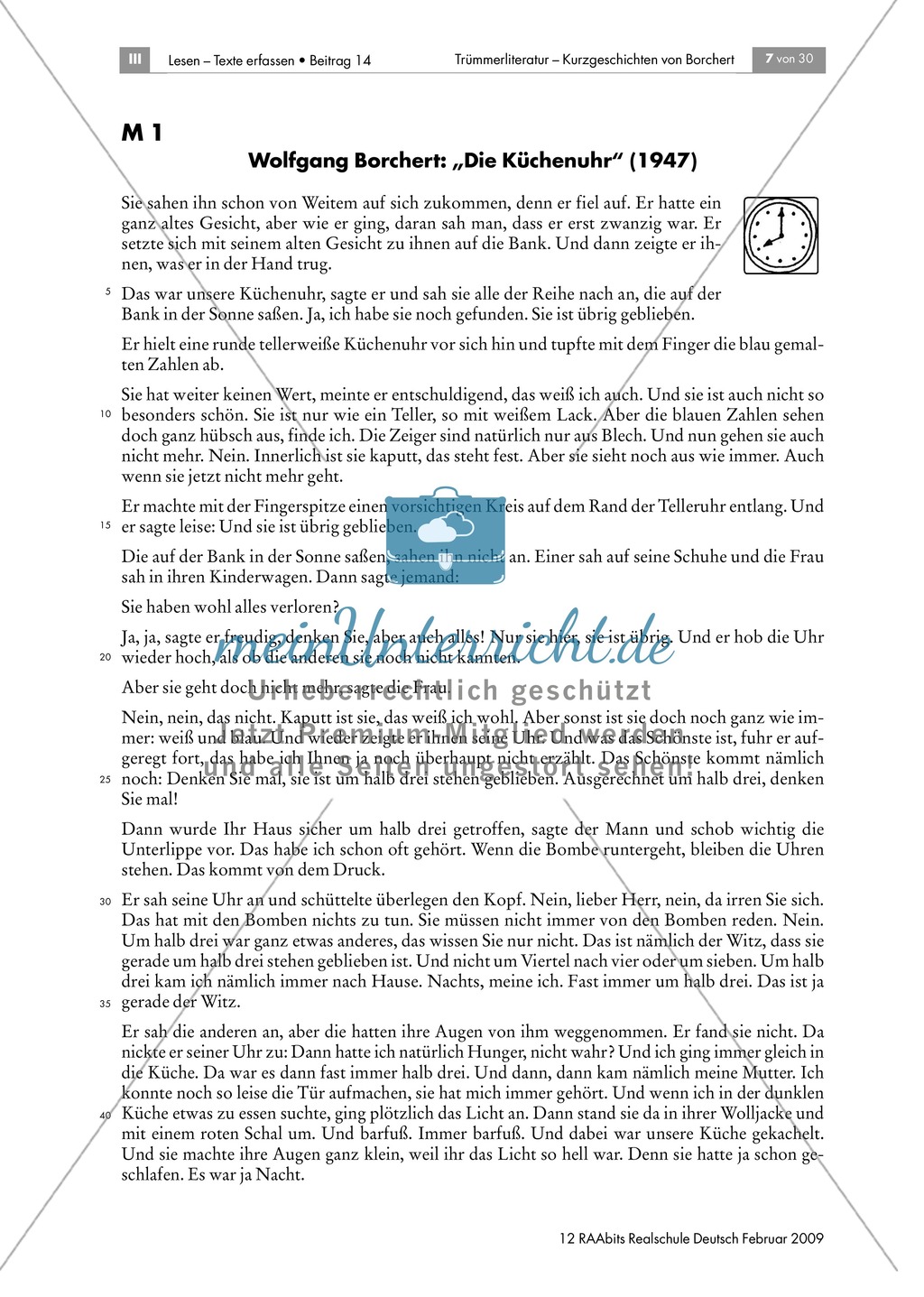Merkmale einer Kurzgeschichte anhand von Borcherts "Die Küchenuhr" Preview 1