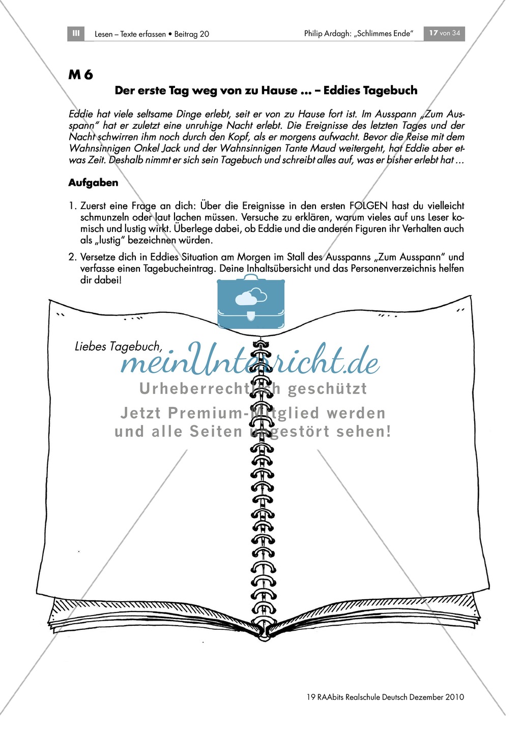 Erstellen eines Tagebucheintrags aus der Perspektive der Hauptfigur in "Schlimmes Ende"von Philip Ardagh Preview 1