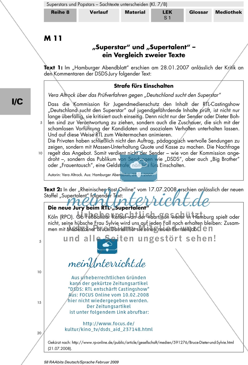 Lernerfolgskontrolle: Thema Superstars und Popstars - Sachtexte unterscheiden: Ein Vergleich zweier Texte Preview 1