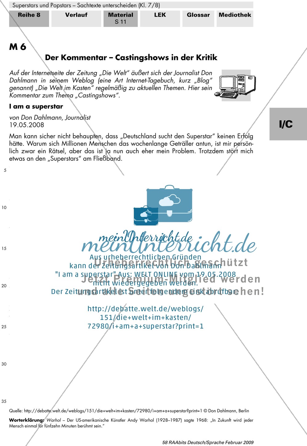 Thema Superstars und Popstars - Sachtexte unterscheiden: Die Textsorte