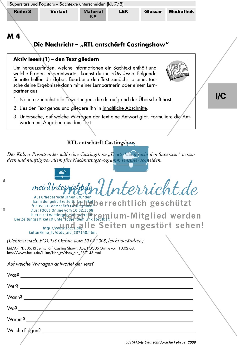 Thema Superstars und Popstars - Sachtexte unterscheiden: Inhaltliche Merkmale der Textsorte Nachricht kennen Preview 1