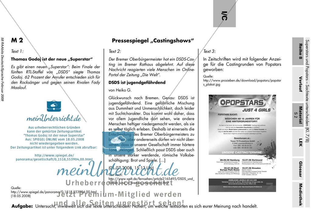 Thema Castingshows: Unterschiedliche Textsorten erkennen und ordnen Preview 2