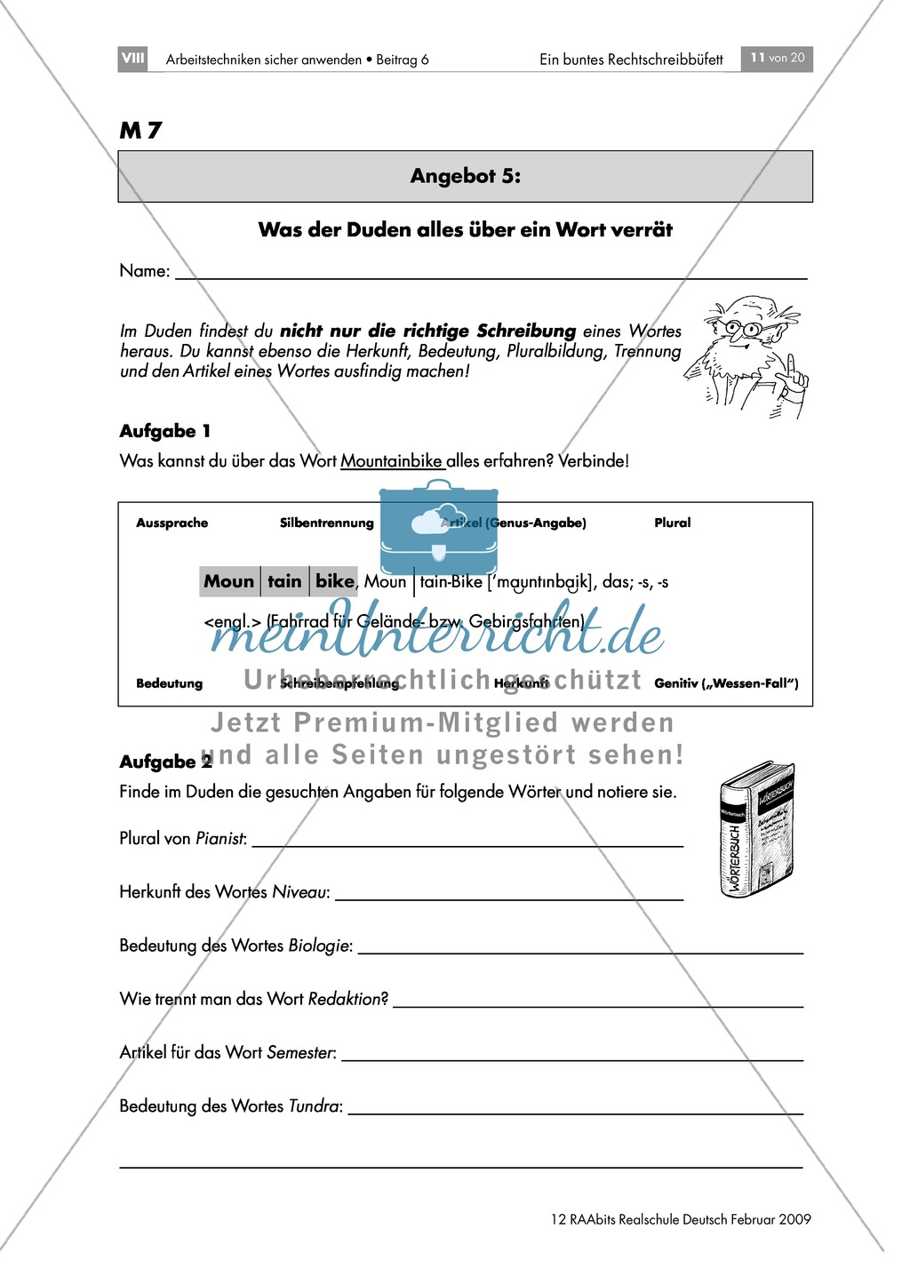 Lerntheke zur Arbeit mit dem Wörterbuch: Angaben zu Herkunft, Bedeutung, Pluralbildung, Trennung und Artikeln von Wörtern machen können Preview 1