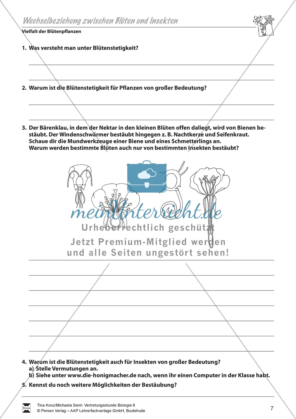 Wechselbeziehung zwischen Blüten und Insekten, Pollen, Bestäubung, Blütenstetigkeit, Co-Evolution - Vertretungsstunde Preview 2
