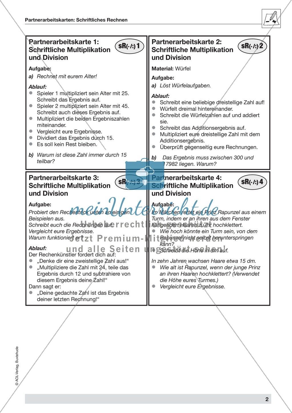 Vermischte Aufgaben zur Übung des schriftlichen Rechnens mit den Grundrechenarten in Partnerarbeit Preview 2