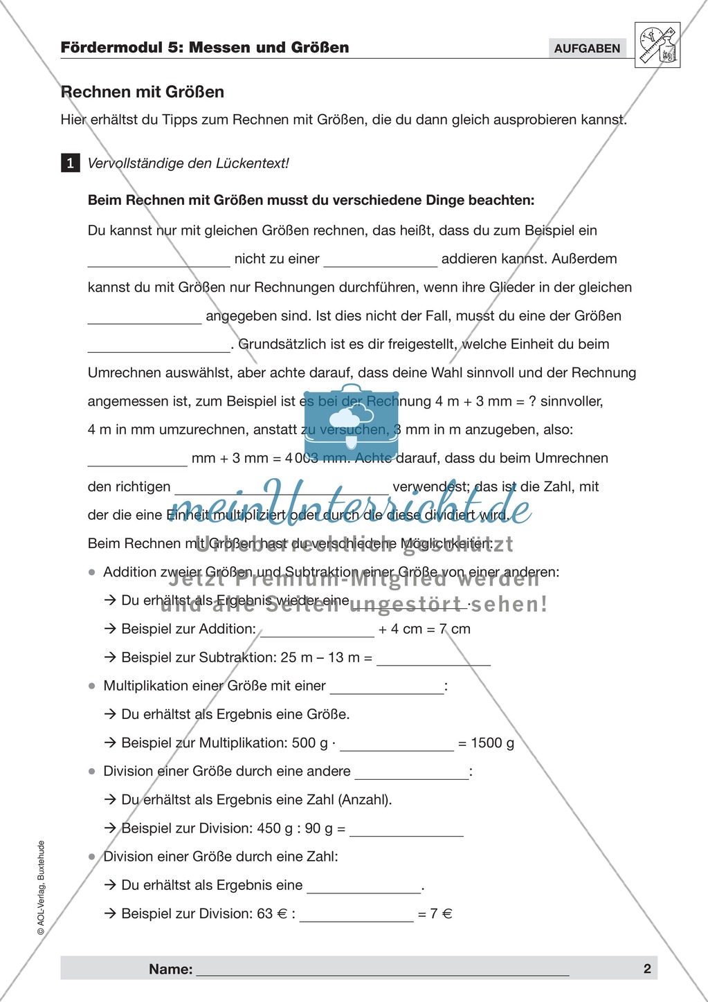 Rechnen mit verschiedenen Größen und Vergleich dieser Größen, ganzzahlig Preview 1