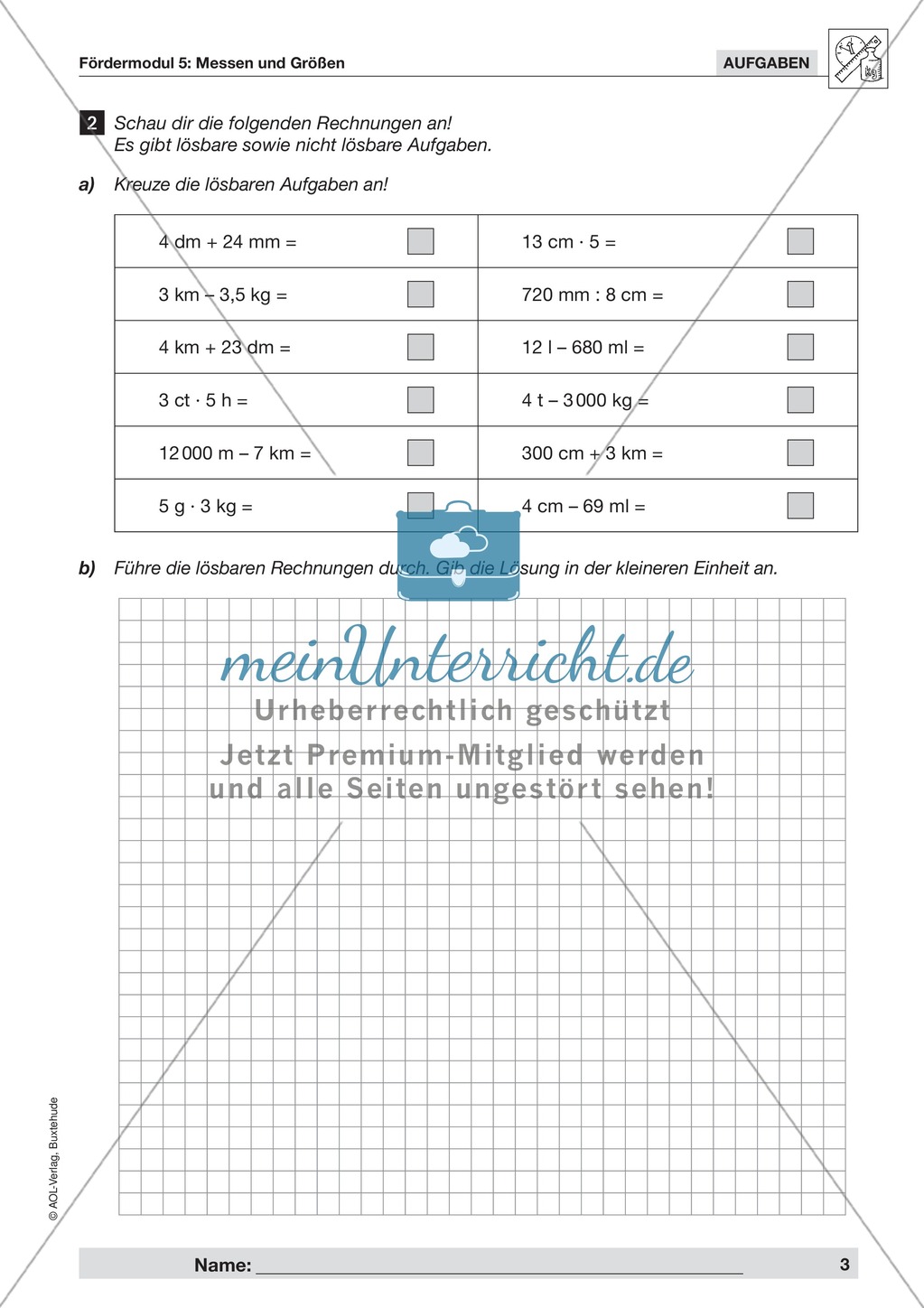 Rechnen mit verschiedenen Größen und Vergleich dieser Größen, ganzzahlig Preview 2