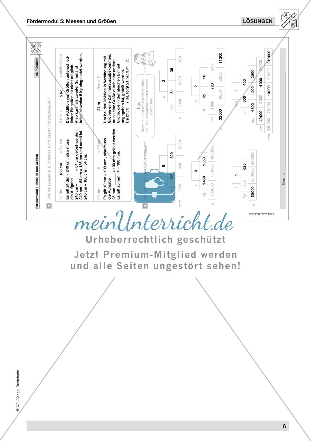 Rechnen mit verschiedenen Größen und Vergleich dieser Größen, ganzzahlig Preview 5