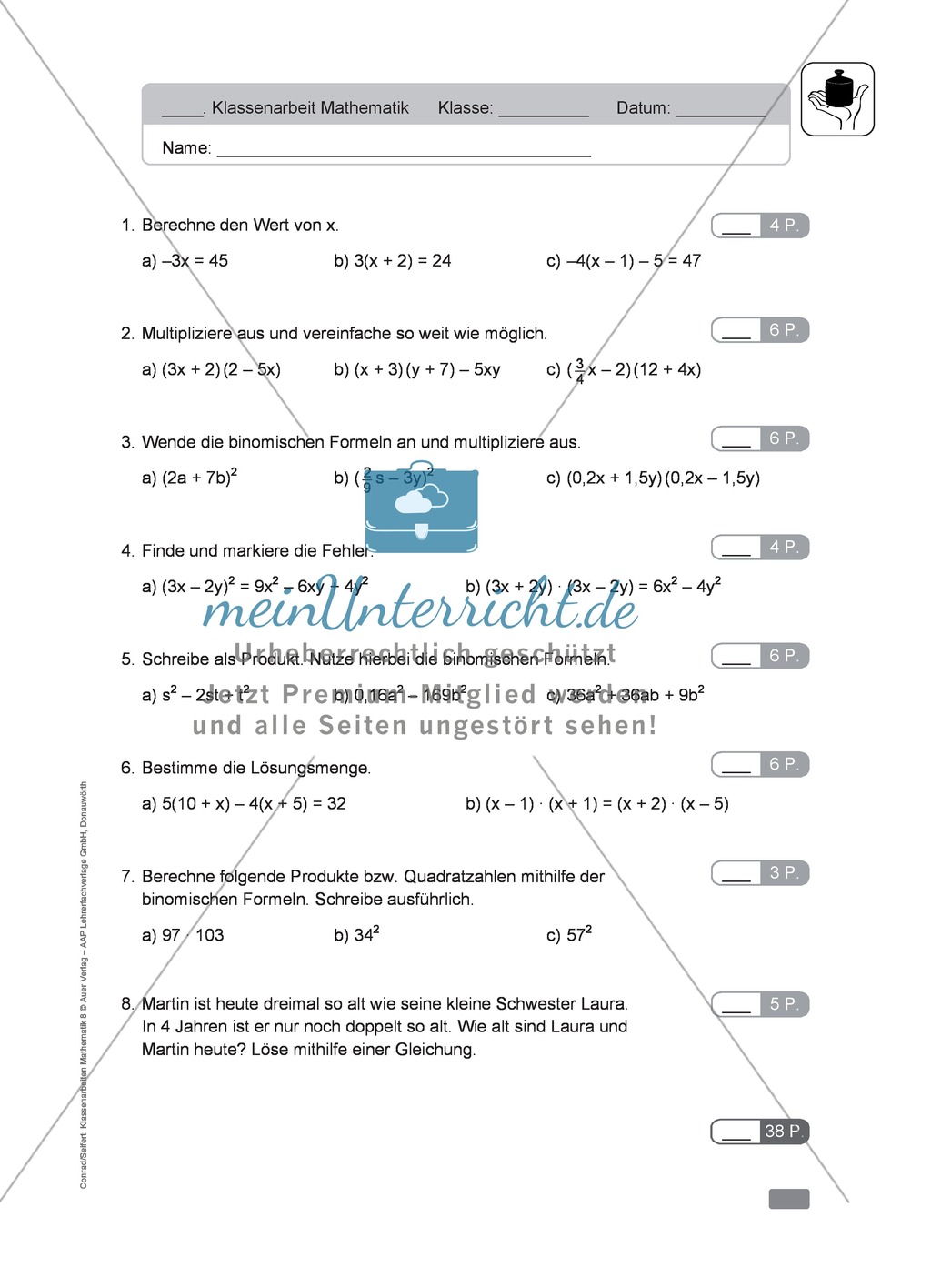 Vorschläge für eine Klassenarbeit zum Thema Terme und Gleichungen Preview 1