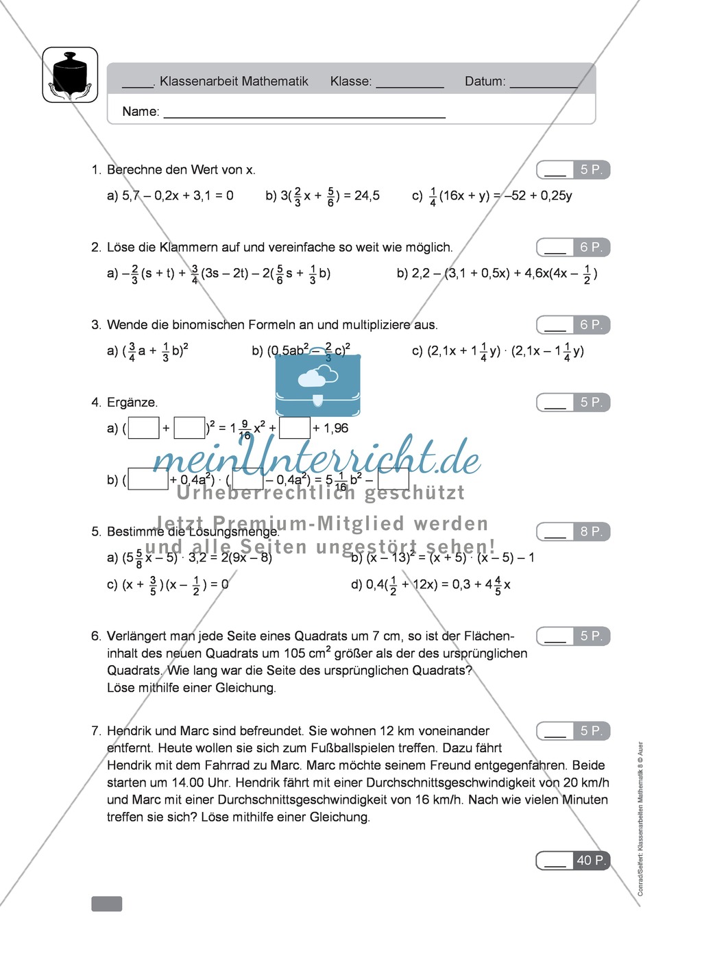 Vorschläge für eine Klassenarbeit zum Thema Terme und Gleichungen Preview 4
