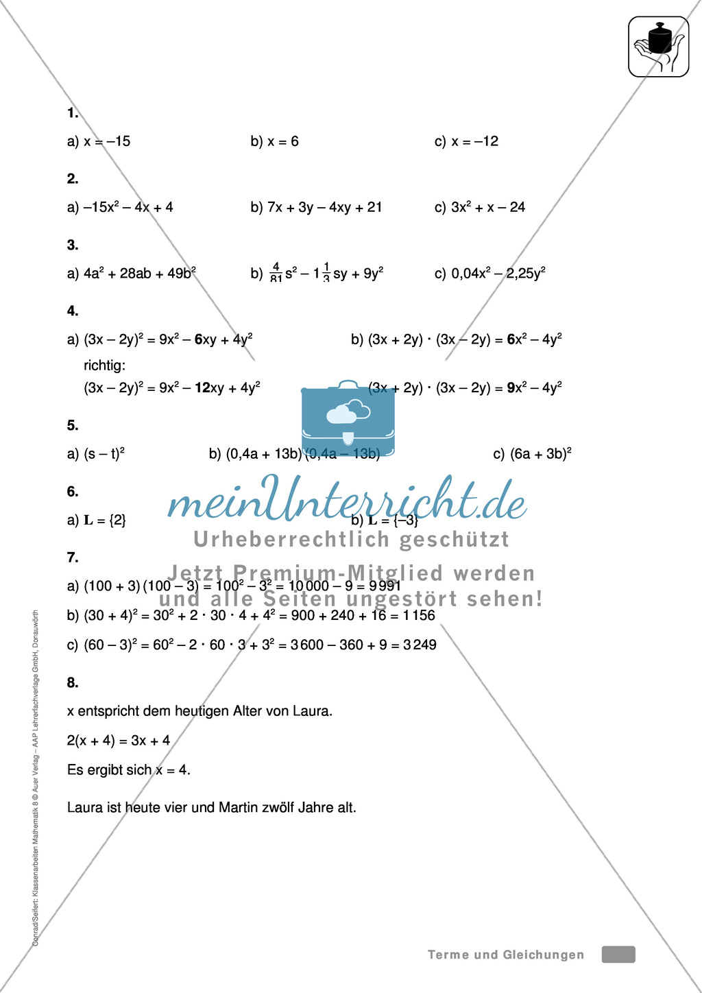 Vorschläge für eine Klassenarbeit zum Thema Terme und Gleichungen Preview 5