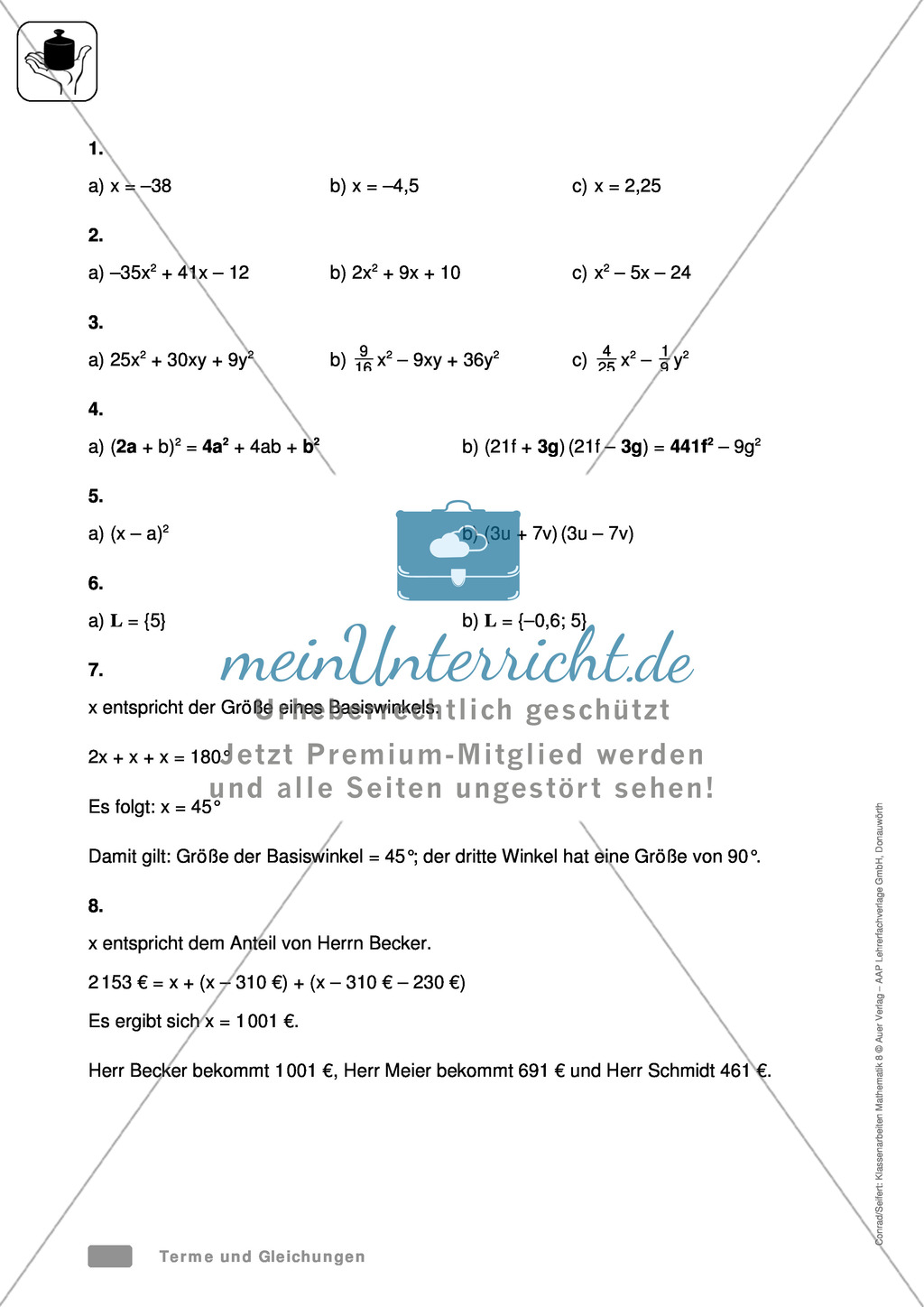 Vorschläge für eine Klassenarbeit zum Thema Terme und Gleichungen Preview 6