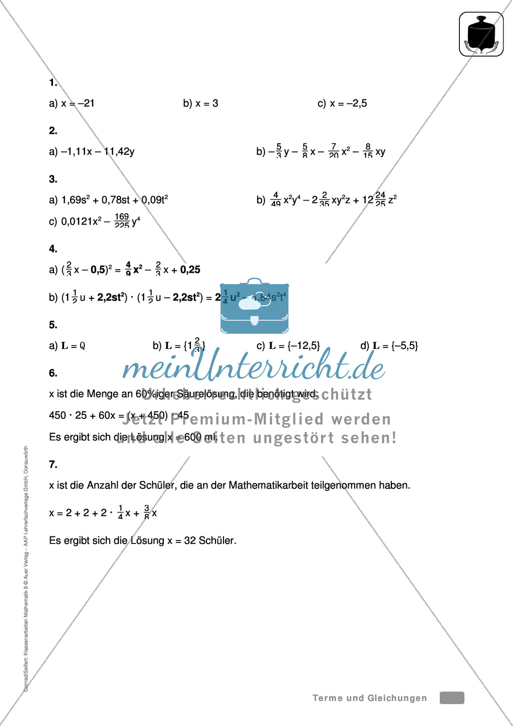 Vorschläge für eine Klassenarbeit zum Thema Terme und Gleichungen Preview 7
