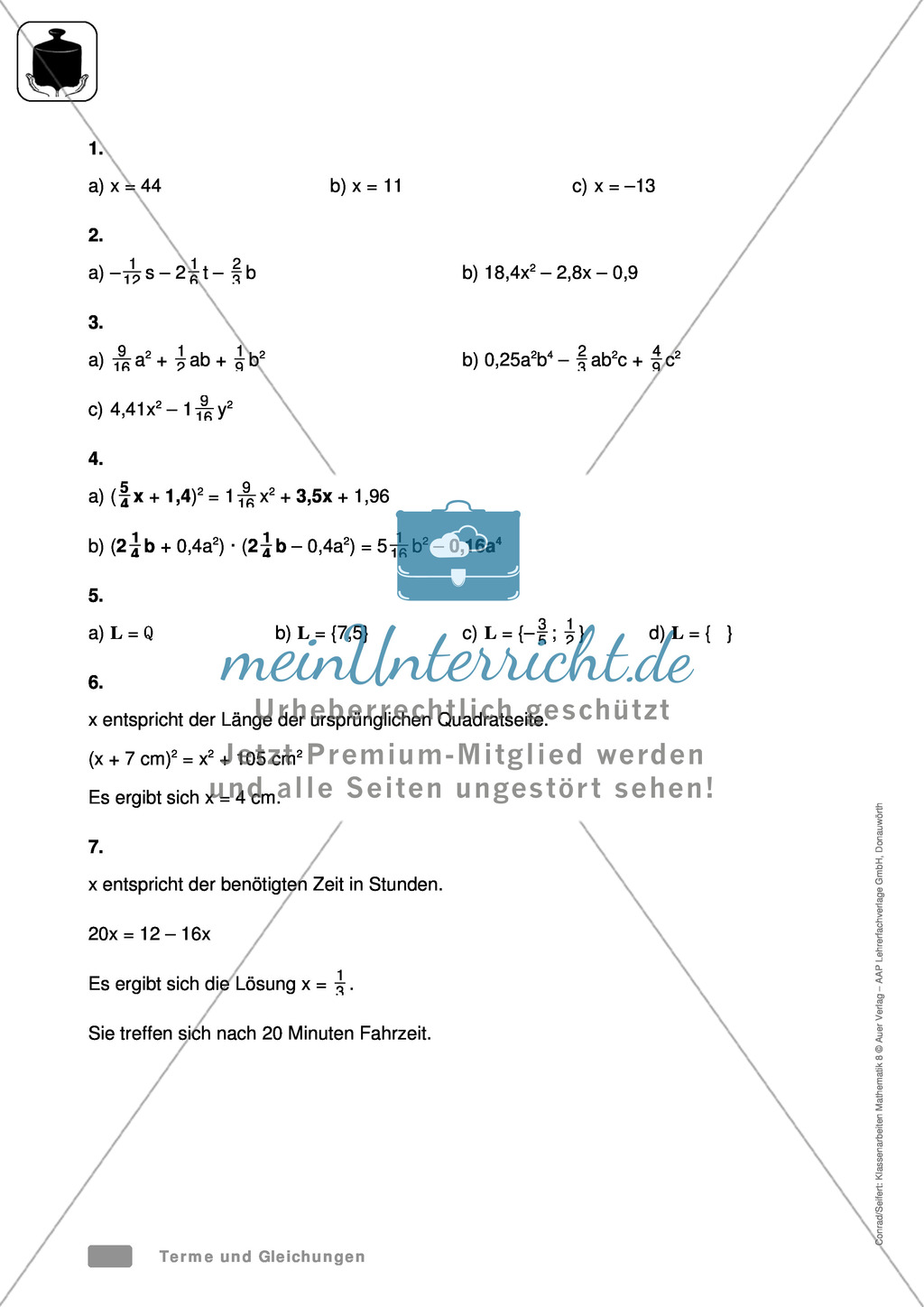 Vorschläge für eine Klassenarbeit zum Thema Terme und Gleichungen Preview 8