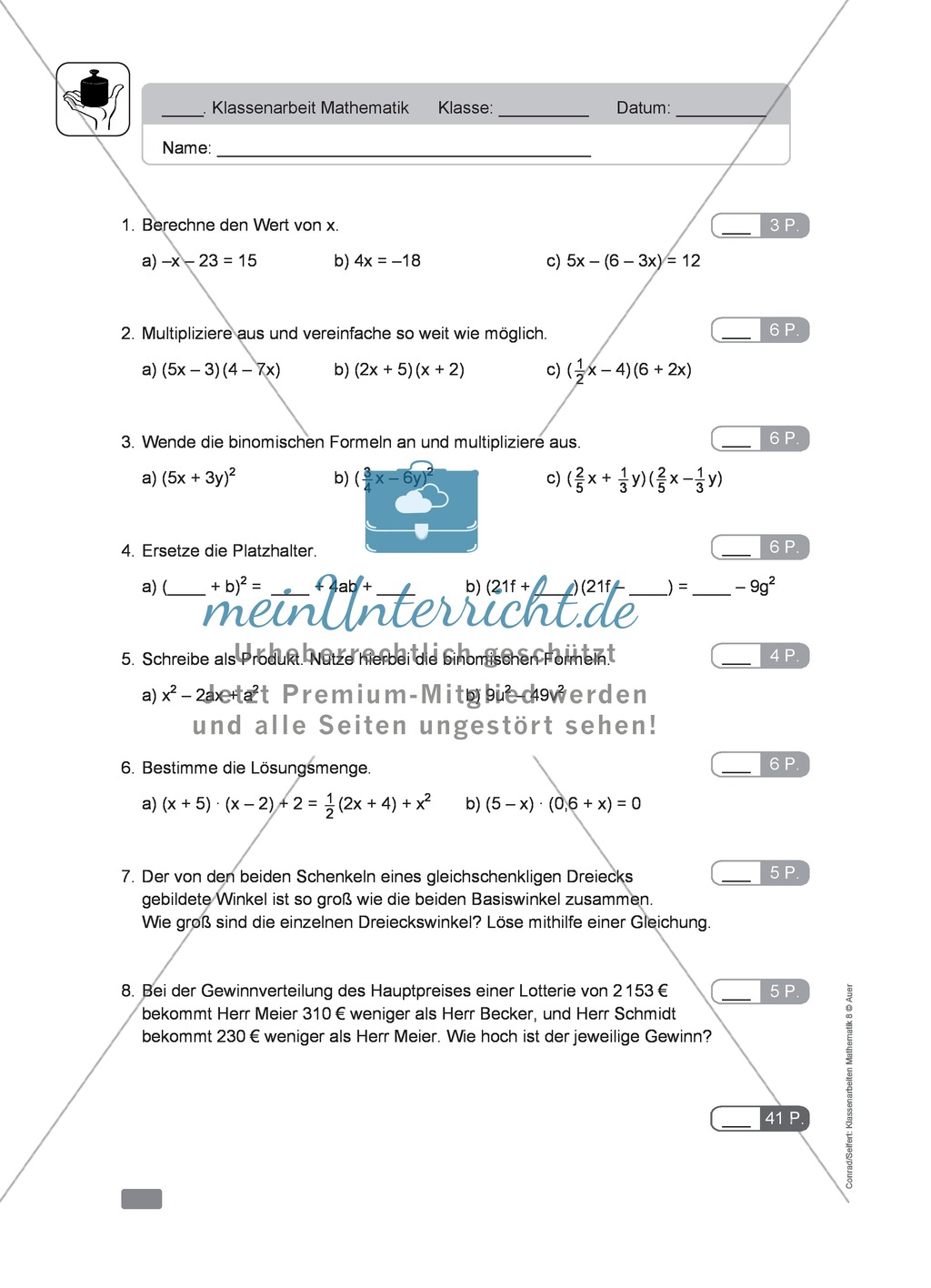 Vermischte Übungen zu Termen und Gleichungen, zum Teil unter Anwendung der binomischen Formeln Preview 2