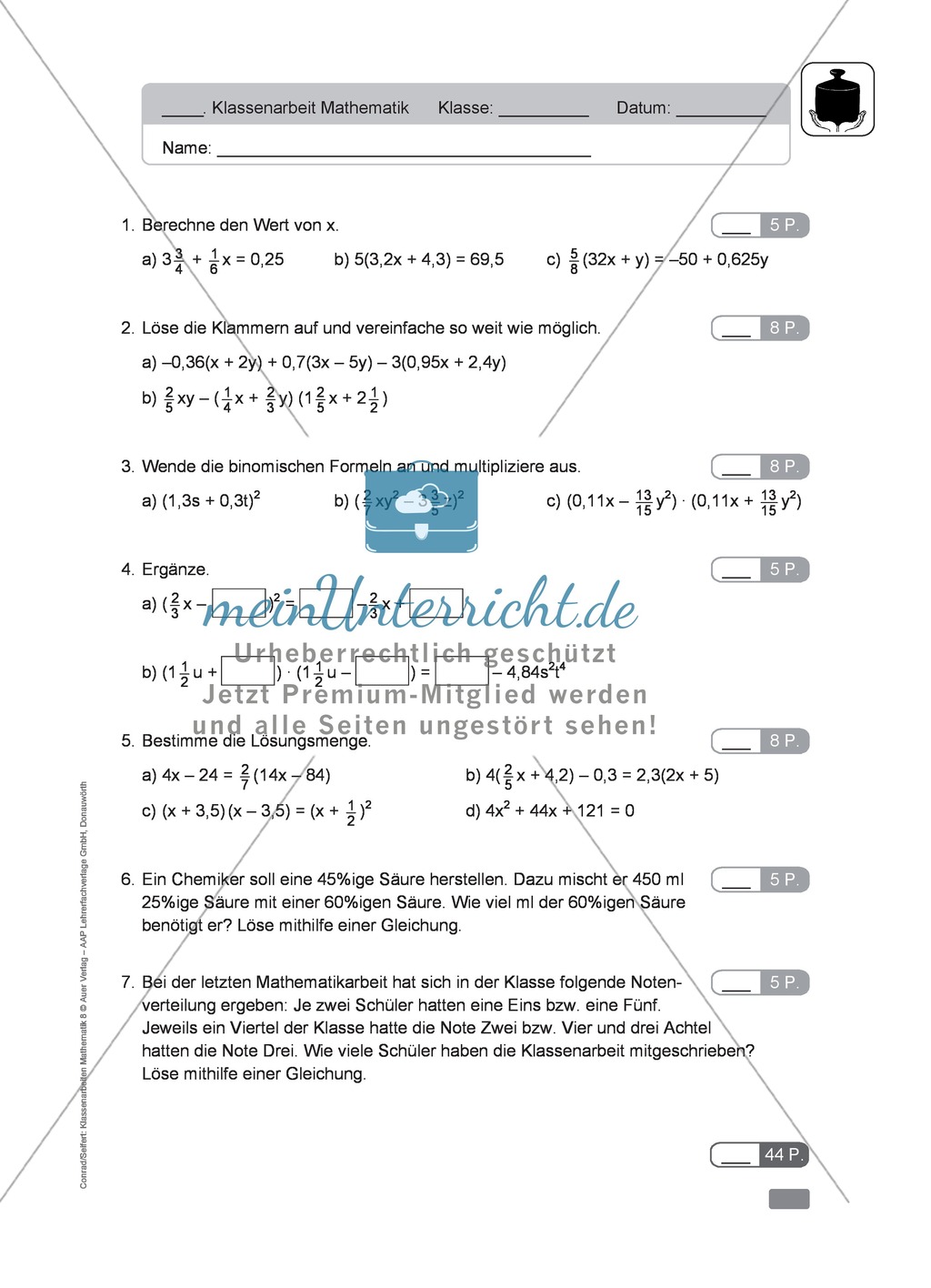 Vermischte Übungen zu Termen und Gleichungen, zum Teil unter Anwendung der binomischen Formeln Preview 3