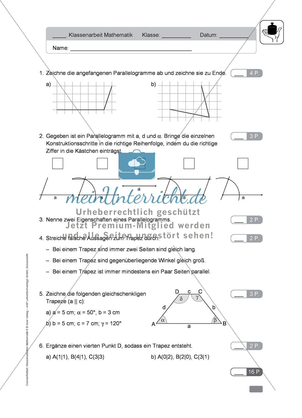 Geometrie, Klassenarbeit oder Lernkontrolle zur Konstruktion von Vielecken Preview 1