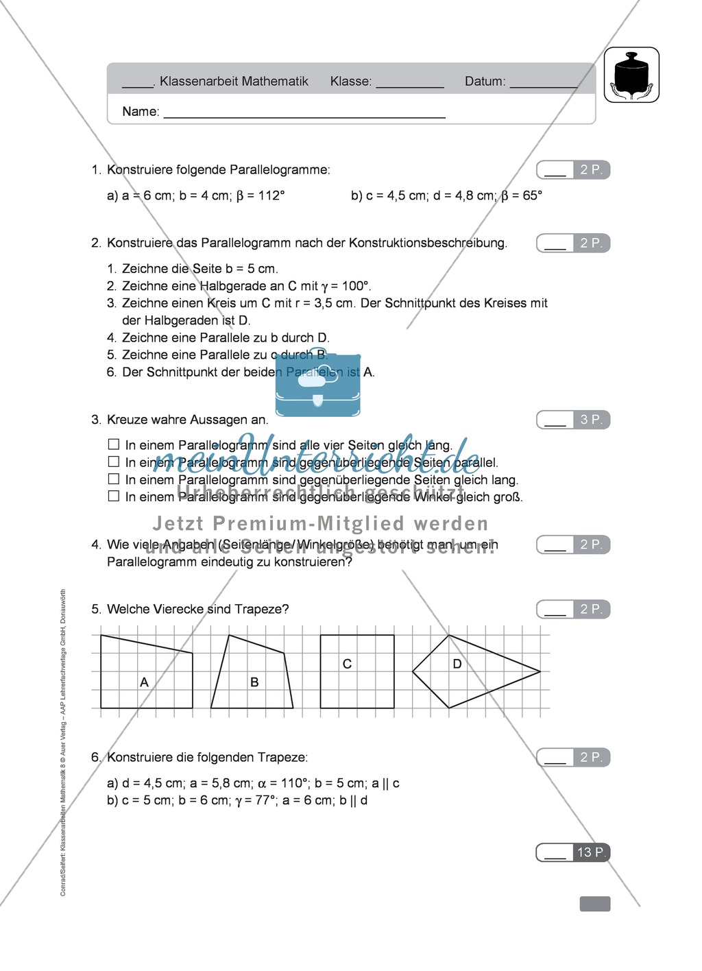 Geometrie, Klassenarbeit zur Konstruktion von Vielecken Preview 1