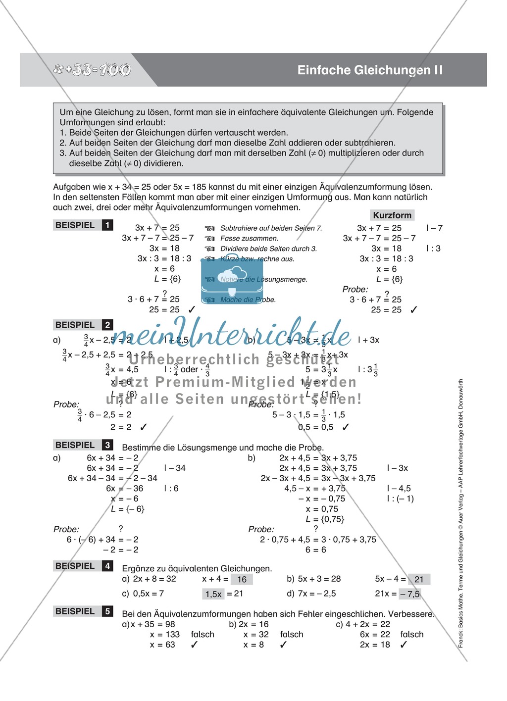 Umformungsregeln mathematischer Gleichungen, mit Beispielen und Übungsaufgaben Preview 1