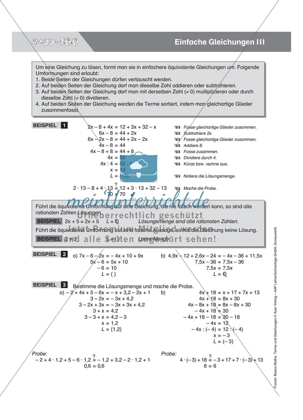 Umformungsregeln mathematischer Gleichungen, mit Beispielen und Übungsaufgaben Preview 3