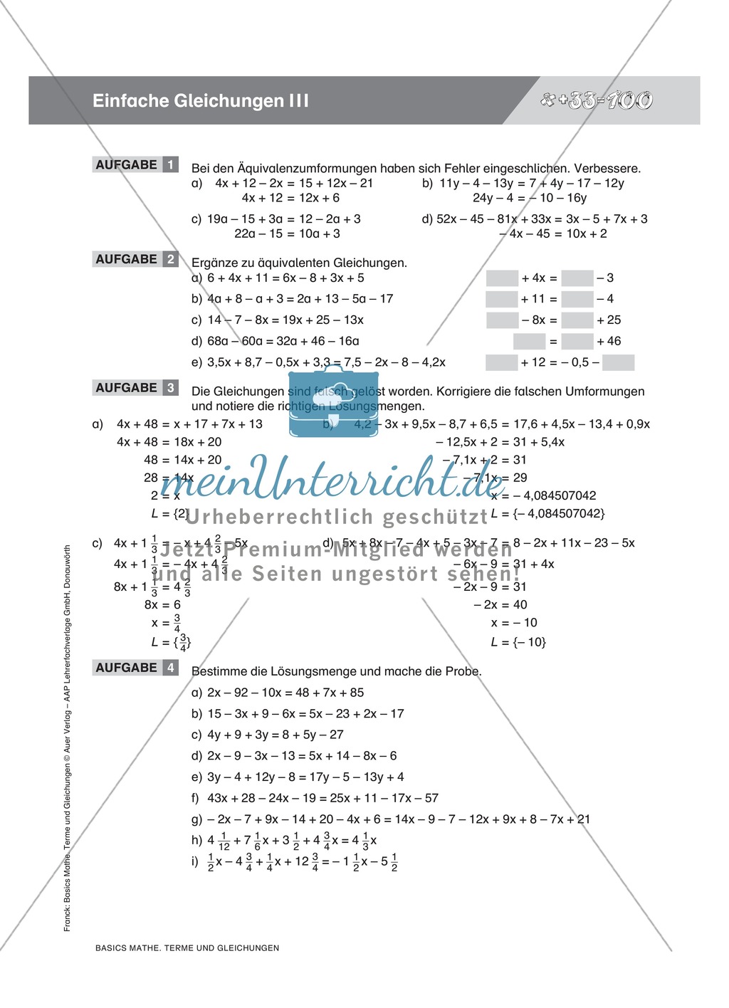 Umformungsregeln mathematischer Gleichungen, mit Beispielen und Übungsaufgaben Preview 4