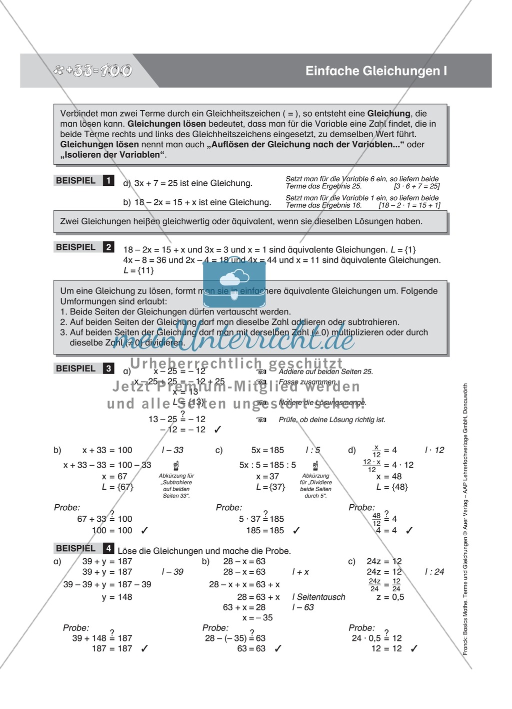 Übungsaufgaben zu mathematischen Gleichungen und Auffrischung der Definitionen und Regeln Preview 1