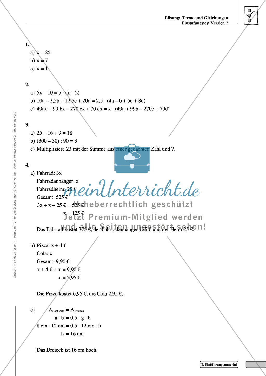 Lernkontrolle und Einstufungstest zum Thema Gleichungen und Terme, mit Auswertungsbogen Preview 5
