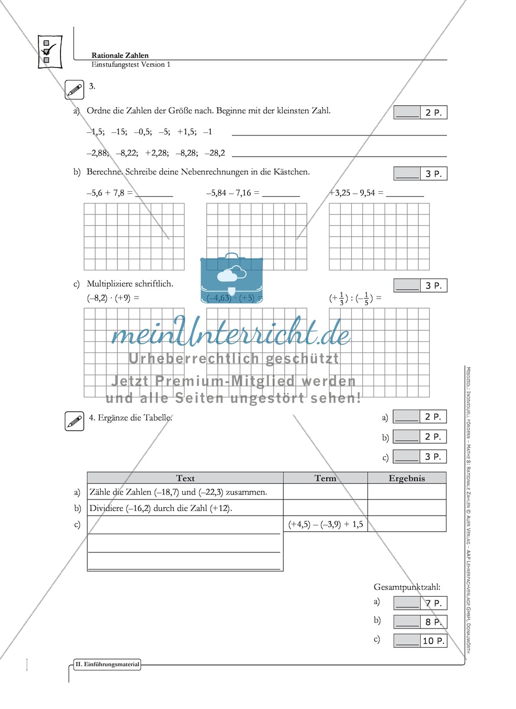 Lernkontrolle und Einstufungstest zum Thema rationale Zahlen, mit Auswertungsbogen Preview 2