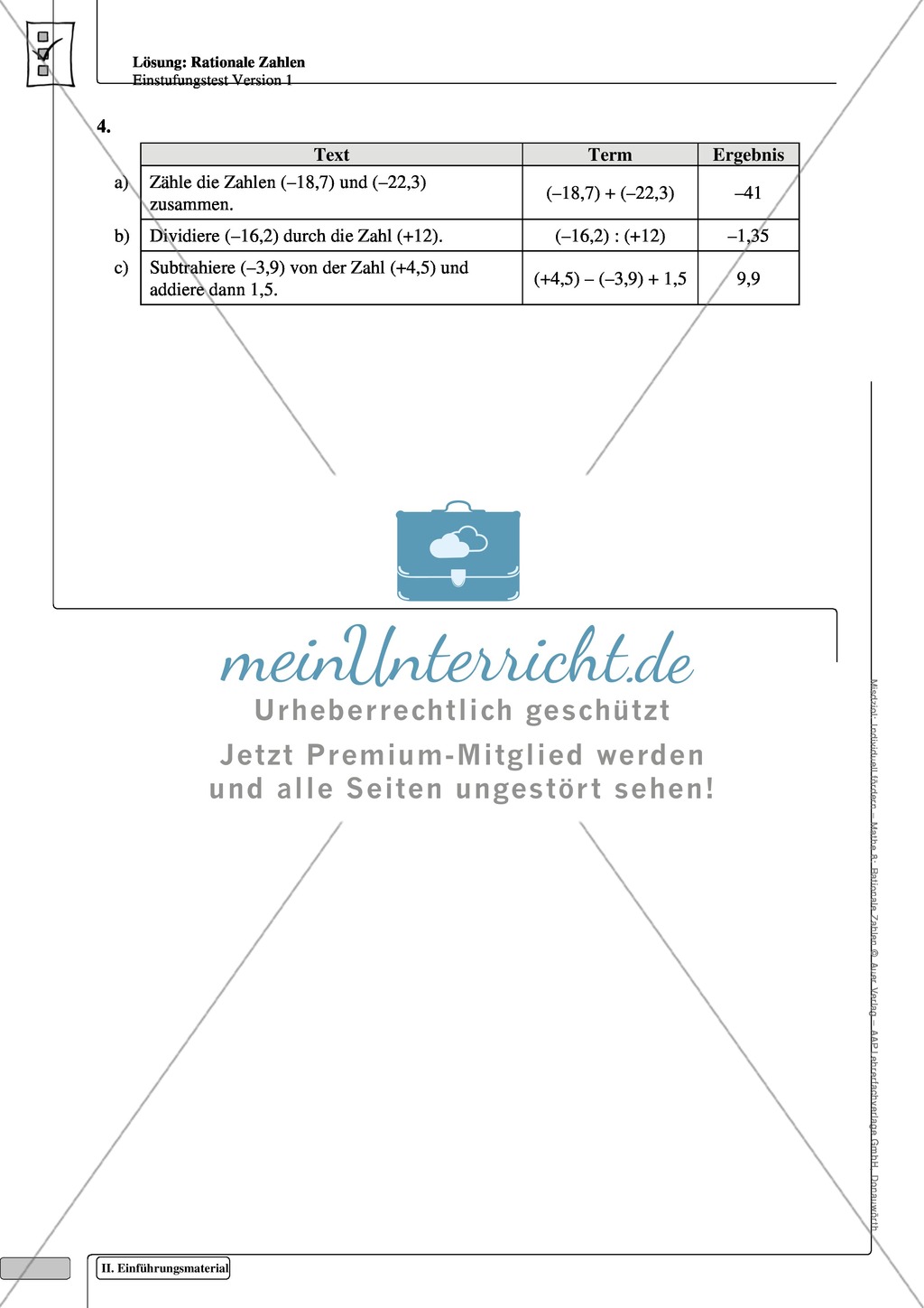 Lernkontrolle und Einstufungstest zum Thema rationale Zahlen, mit Auswertungsbogen Preview 6