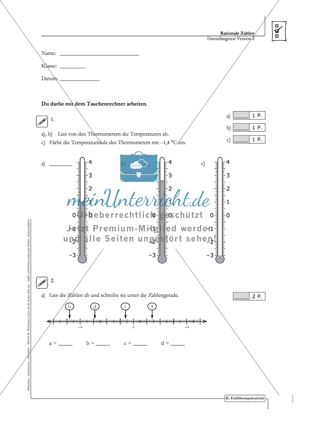 Lernkontrolle und Einstufungstest zum Thema rationale Zahlen, mit Auswertungsbogen Preview 1