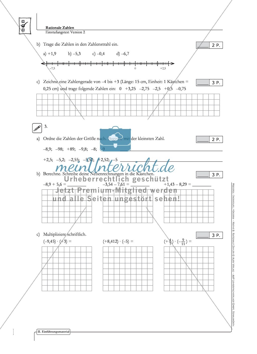 Lernkontrolle und Einstufungstest zum Thema rationale Zahlen, mit Auswertungsbogen Preview 2
