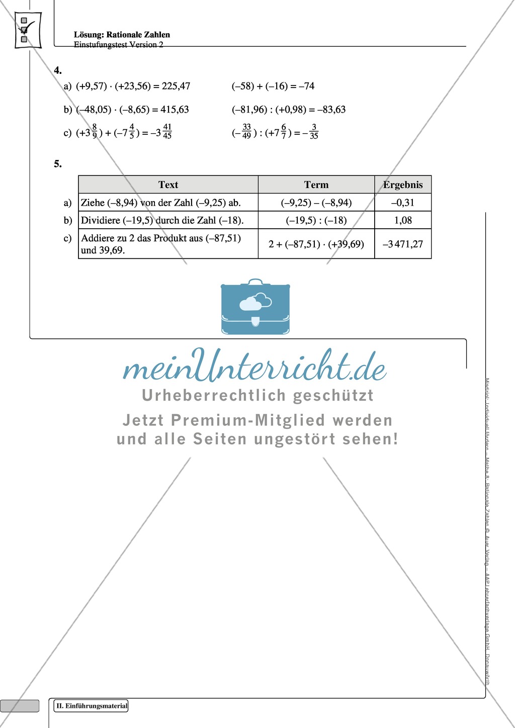 Lernkontrolle und Einstufungstest zum Thema rationale Zahlen, mit Auswertungsbogen Preview 7
