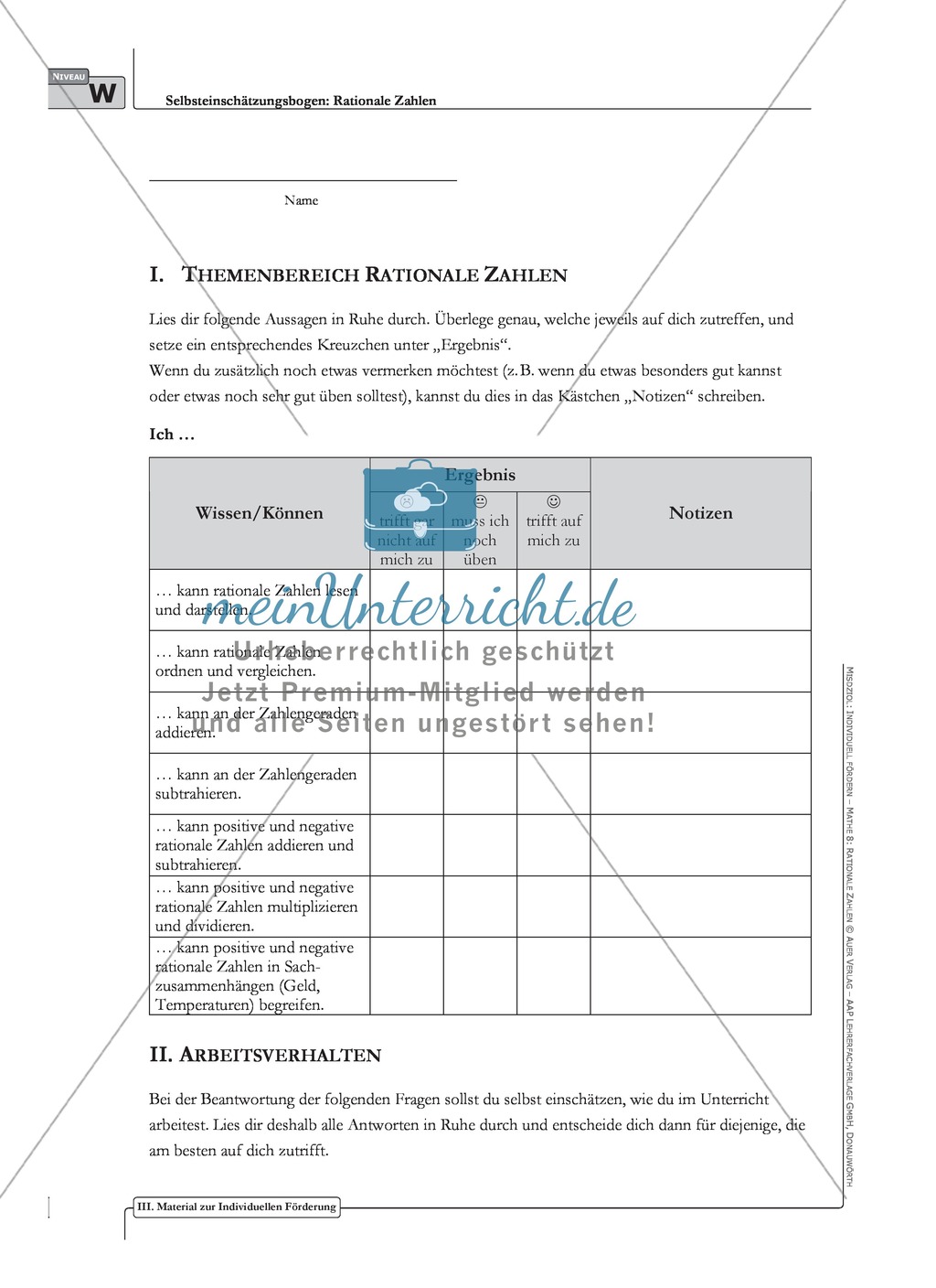Selbsteinschätzungsbogen für Schüler zum Themenbereich rationale Zahlen Preview 1