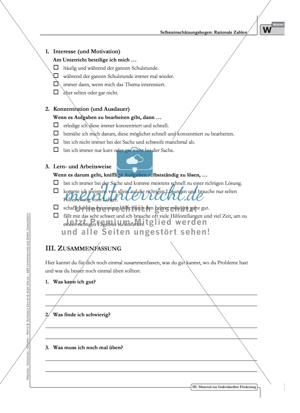 Selbsteinschätzungsbogen für Schüler zum Themenbereich rationale Zahlen Preview 2