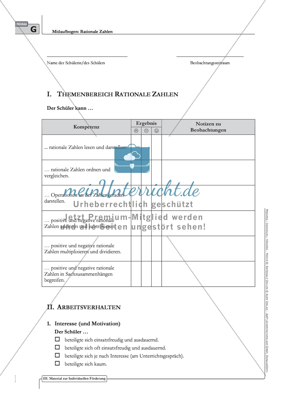 Beurteilungsbogen zum Wissenserwerb über rationale Zahlen Preview 1