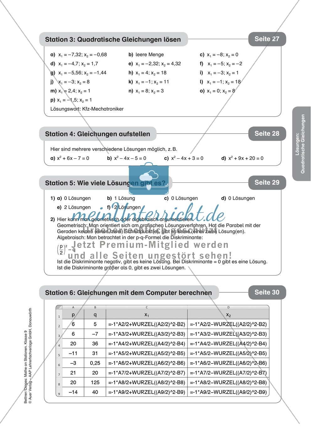 Stationenlernen zum Themenfeld quadratische Gleichungen Preview 12