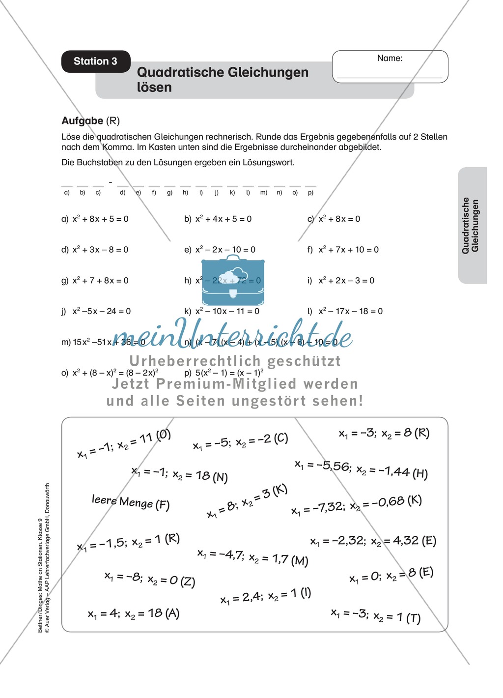 Stationenlernen zum Themenfeld quadratische Gleichungen Preview 3