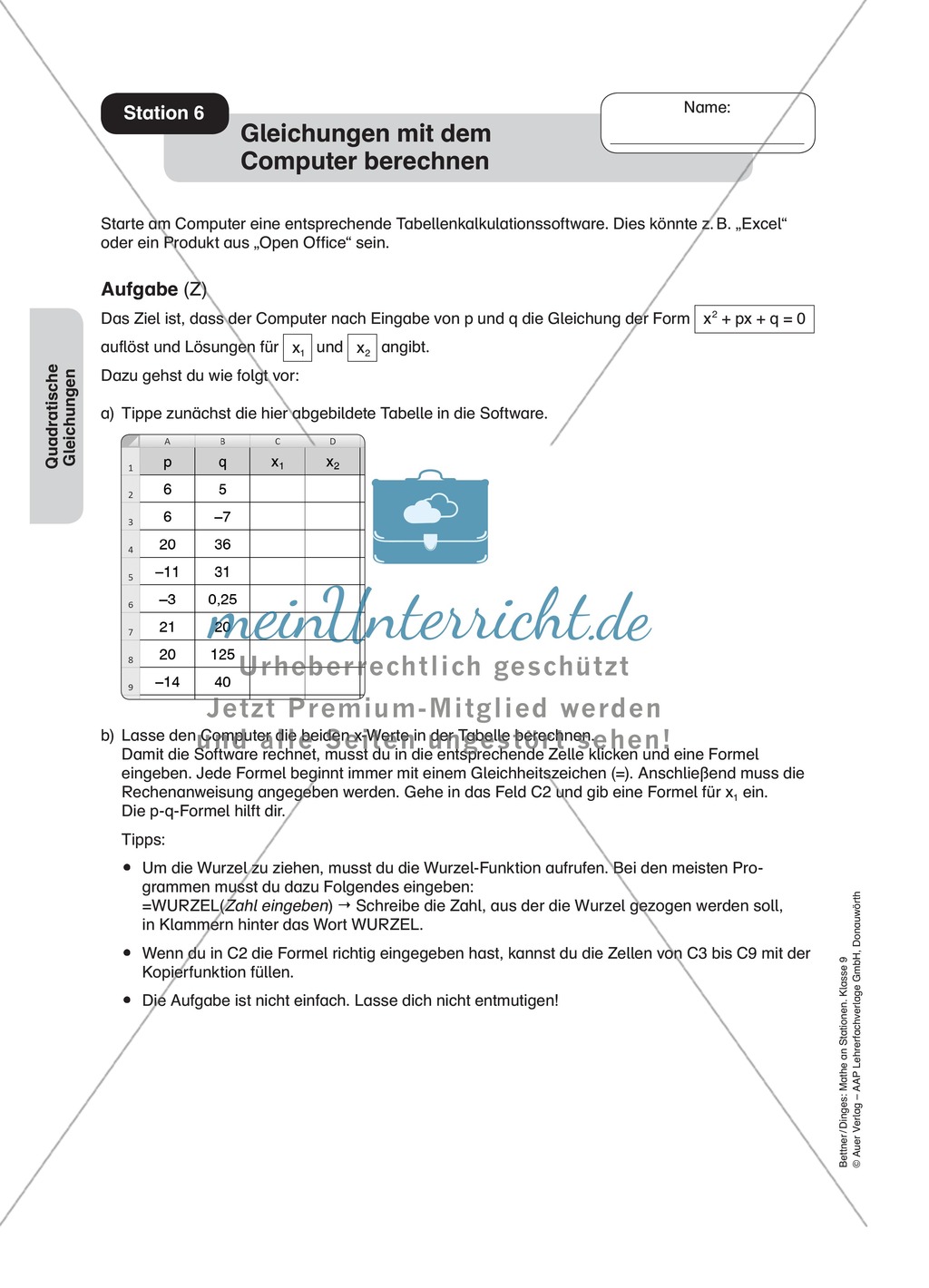 Stationenlernen zum Themenfeld quadratische Gleichungen Preview 6