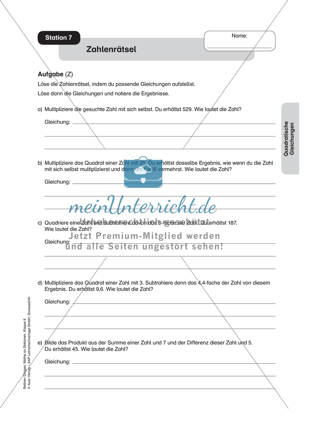 Stationenlernen zum Themenfeld quadratische Gleichungen Preview 7