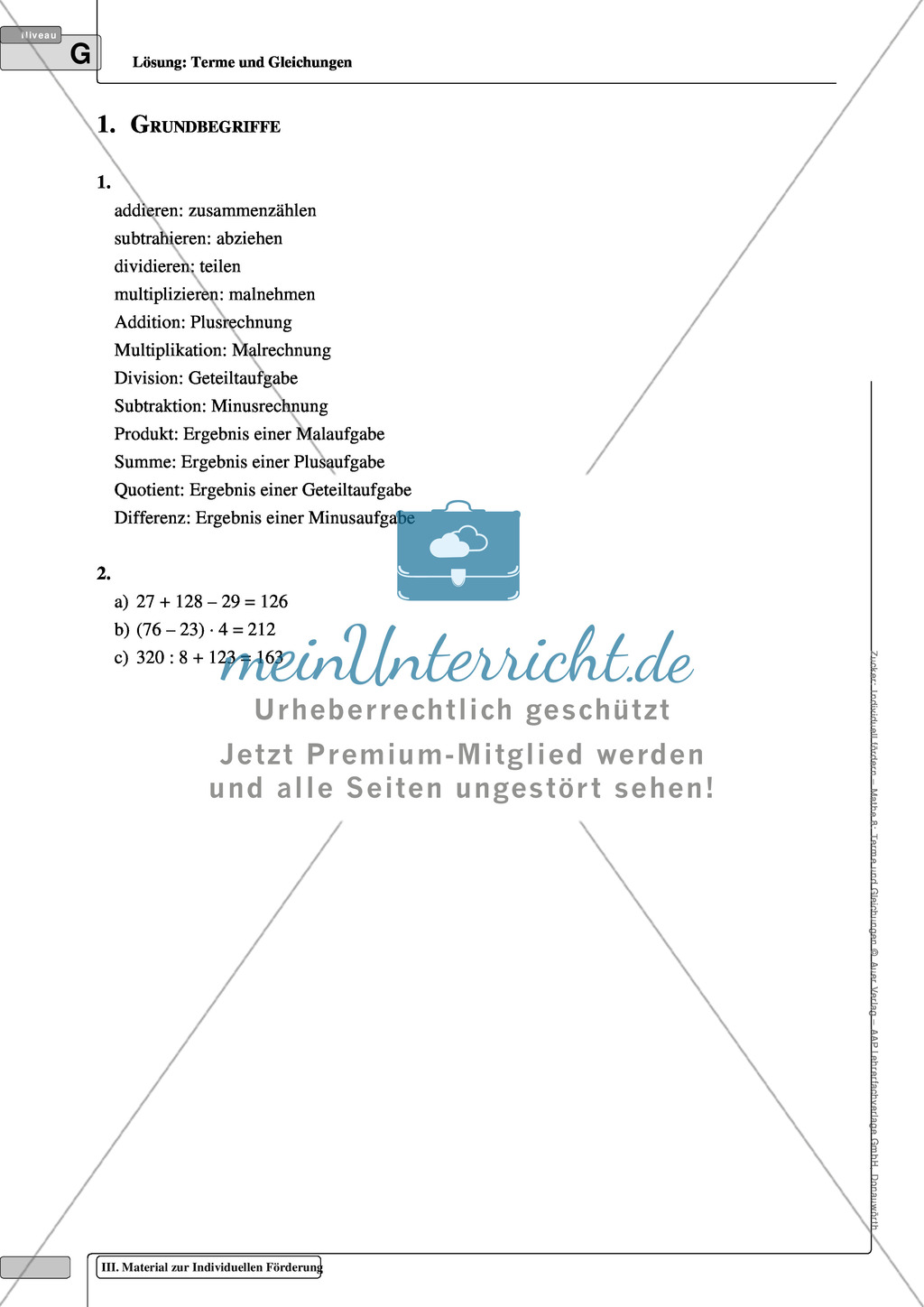 Aufgaben zur Einführung in die Grunddefinitionen zum Rechnen mit Gleichungen und Termen Preview 5