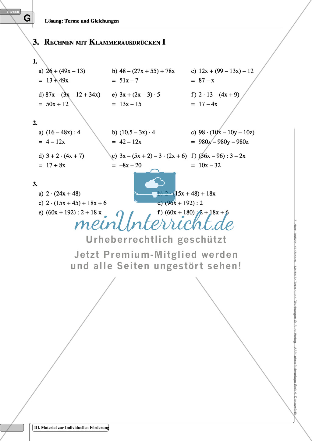 Aufgaben zur Einführung in die Grunddefinitionen zum Rechnen mit Gleichungen und Termen Preview 7