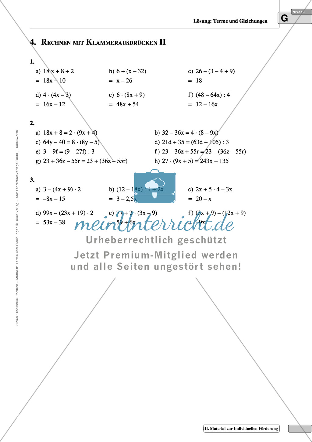 Aufgaben zur Einführung in die Grunddefinitionen zum Rechnen mit Gleichungen und Termen Preview 8