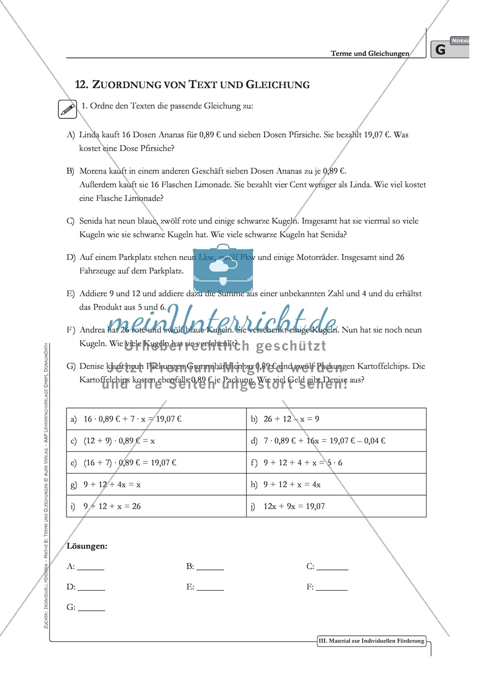 Übungsaufgaben zur Verbindung zwischen kurzen Texten und Sätzen und mathematischen Gleichungen Preview 3