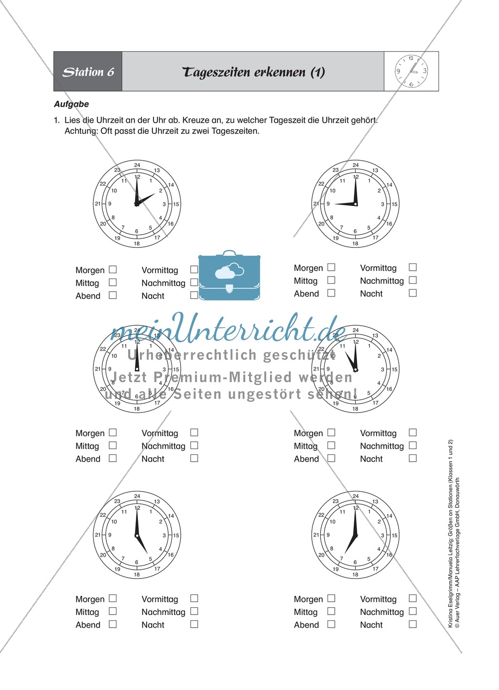 Tageszeiten erkennen und bestimmen mit Hilfe analoger Uhren Preview 1