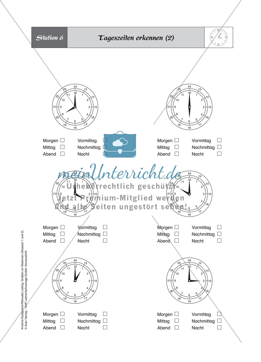 Tageszeiten erkennen und bestimmen mit Hilfe analoger Uhren Preview 2