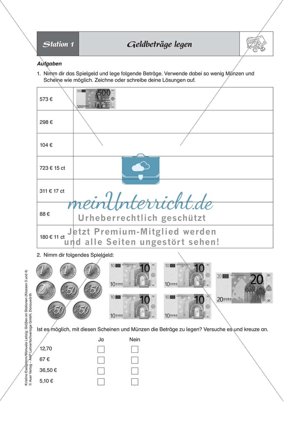 Stationenlernen zum Thema Geld, Rechnen mit Geldscheinen und Münzen Preview 1