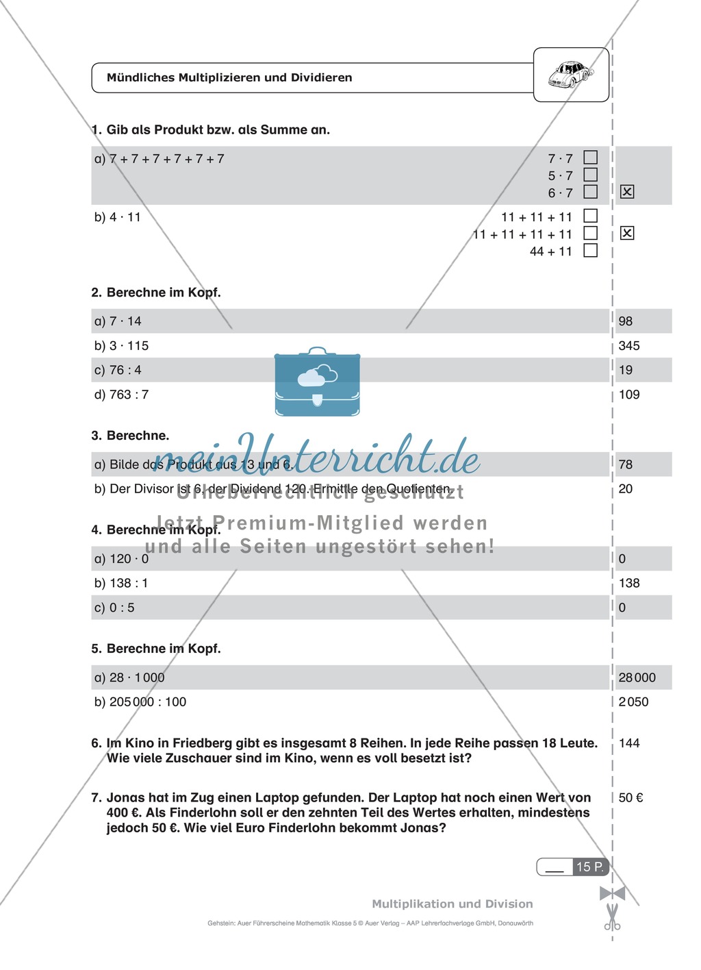 Schnelltest zur Erhebung des Lernstands im Themenfeld Multiplikation und Division, Mathe-Führerschein mit Selbstkontrolle Preview 1